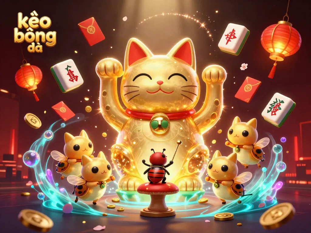 Engage with kèo bóng đá as golden fireflies transform into a lucky cat amidst festive casino elements.