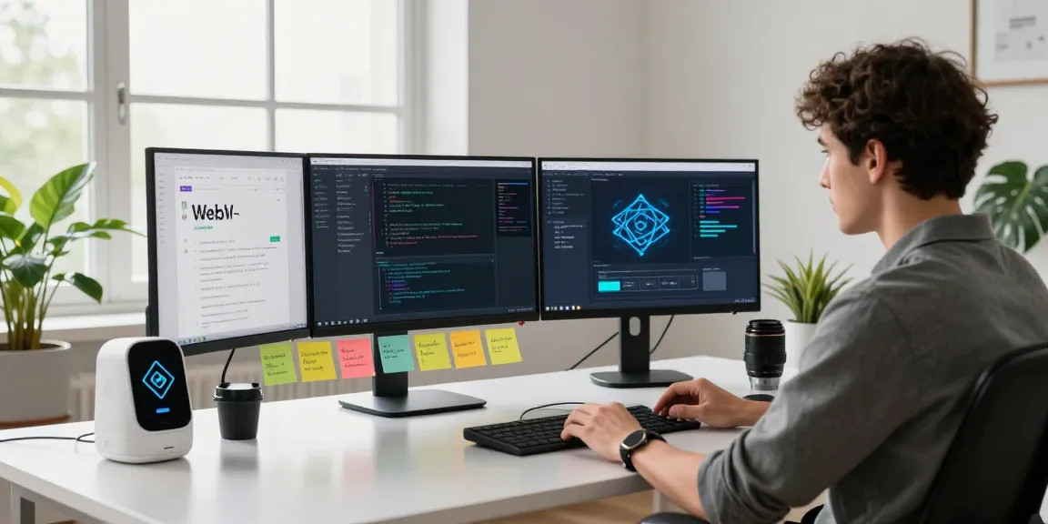 Developer coding blockchain applications in a modern workspace focused on Web3 innovations and decentralized technologies.