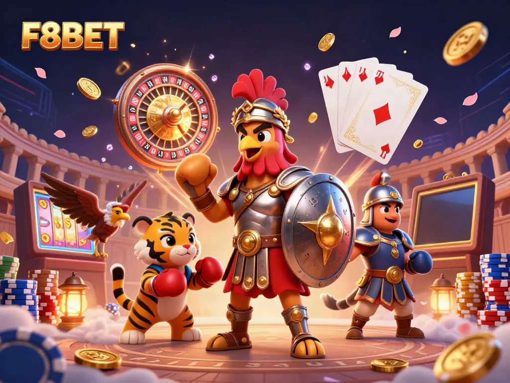 Experience the excitement of F8BET with a dynamic casino scene featuring a gladiator rooster and a tiger cub.