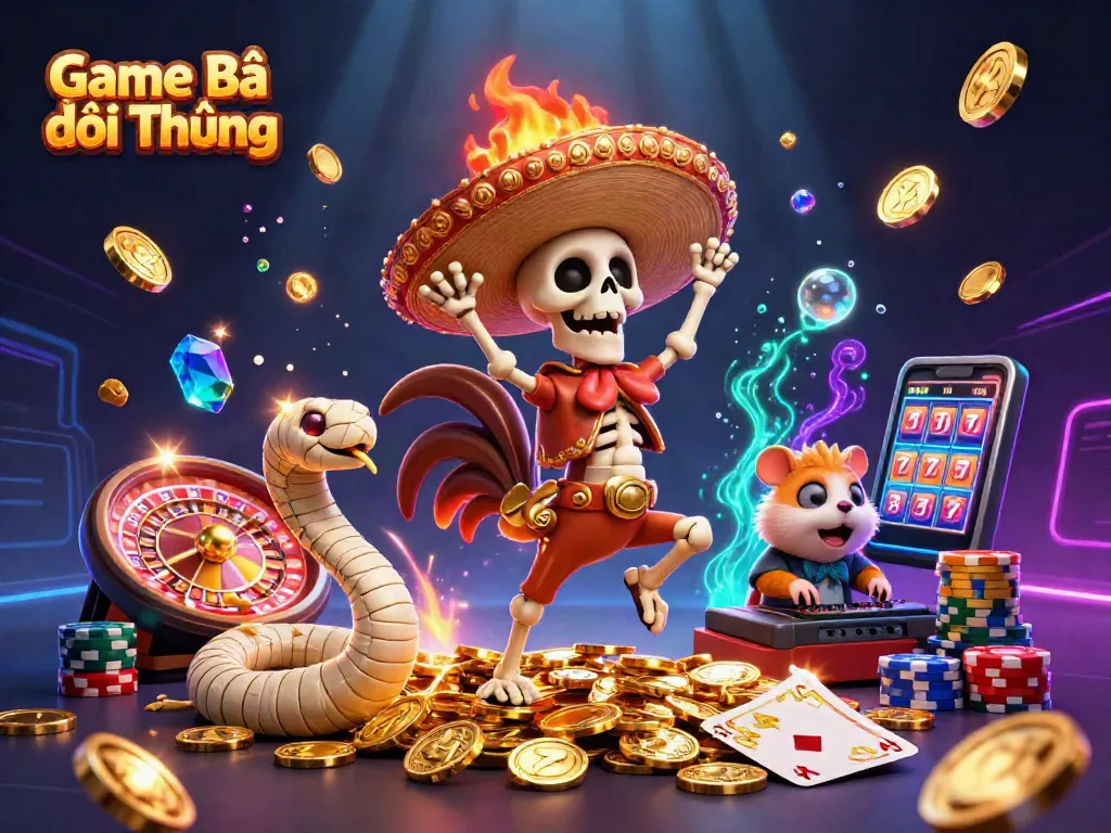 Engage with Game Bài Đổi Thưởng through an adventurous scene filled with thrilling casino characters and vibrant elements.