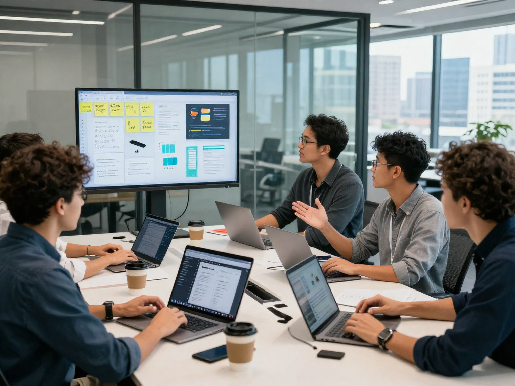 Team of developers collaborating on innovative software solutions in a vibrant office setting, showcasing the spirit of net88.