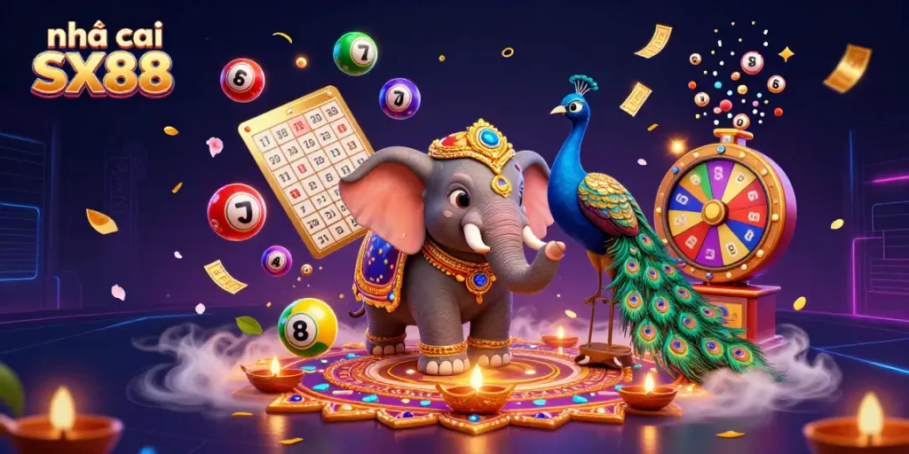 Experience exciting gameplay with nhà cái SX88 and vibrant casino elements like lottery balls and spinning wheels.
