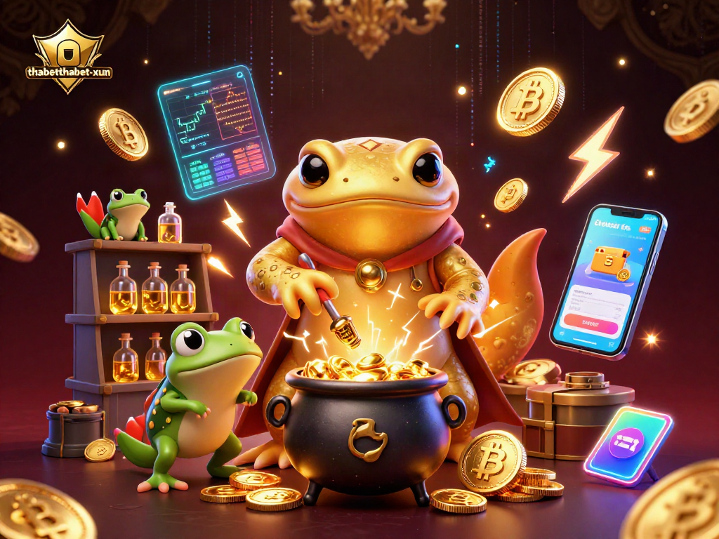 Transmute wealth at thabetthabet-xun with gold coins and crypto assets in a vibrant 3D casino scene.