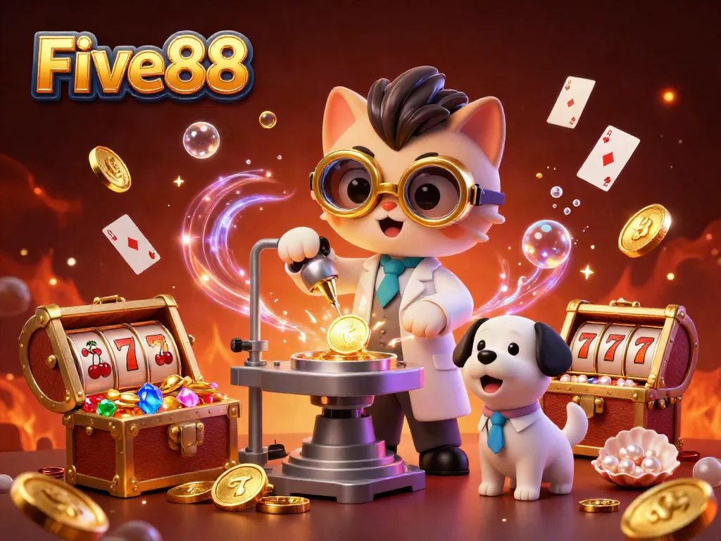 Five88 casino scene with a cartoon mad scientist cat and dog, creating wealth amid slot games and treasures.
