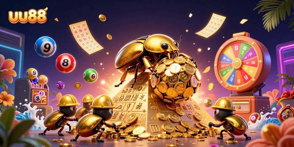 uu88's vibrant casino scene showcases a golden dung beetle rolling coins, enhanced by lottery elements.