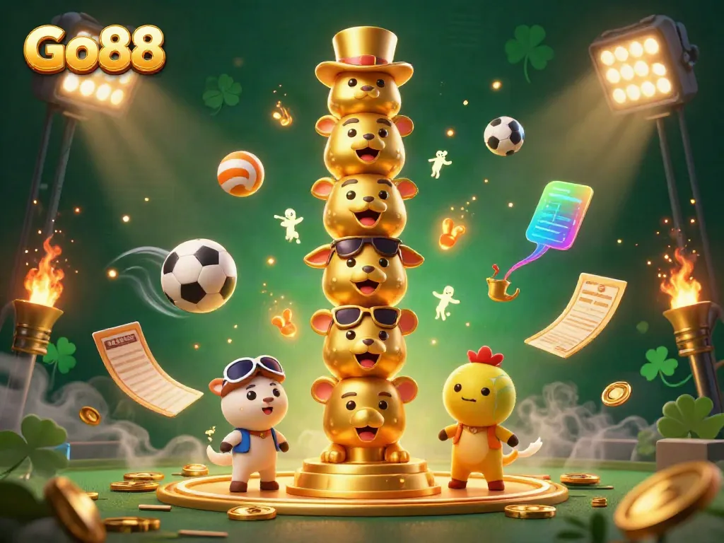Experience the thrill of Go88 with a dynamic 3D casino scene featuring a magical golden totem and vibrant sports elements.