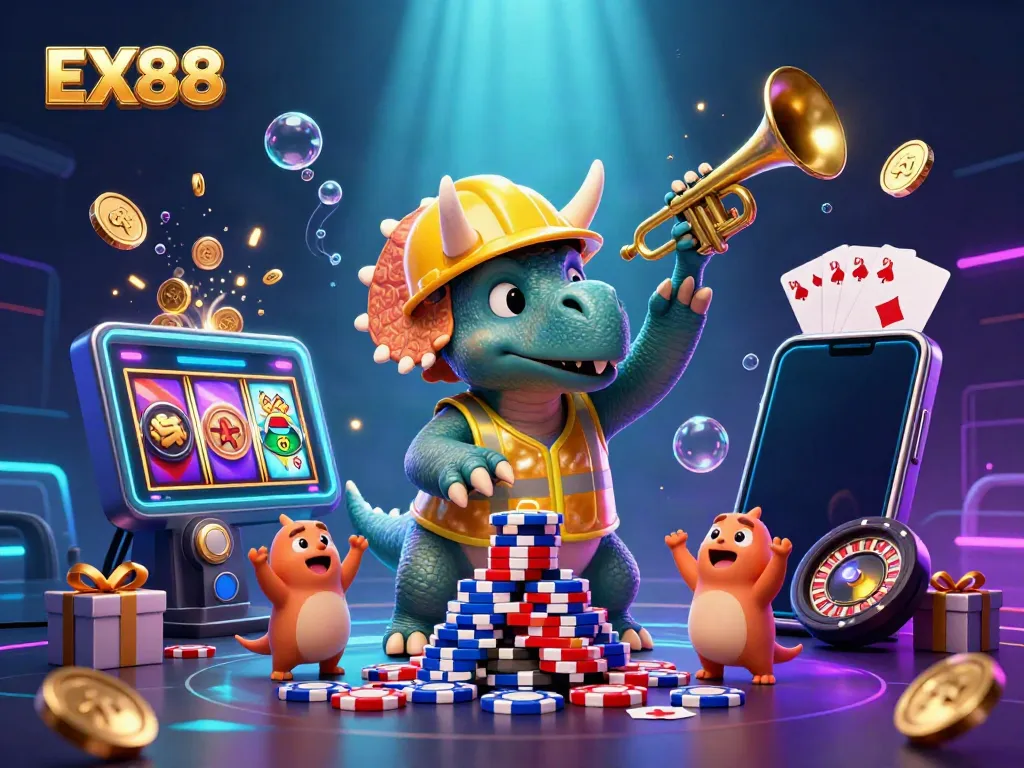 EX88-themed triceratops stacking poker chips in vibrant casino scene with cheering companions