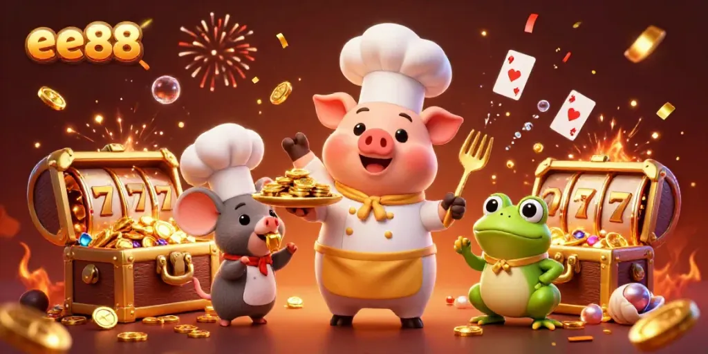 Experience winning moments with ee88's cartoon casino scene featuring gold coins and vibrant slot reels.