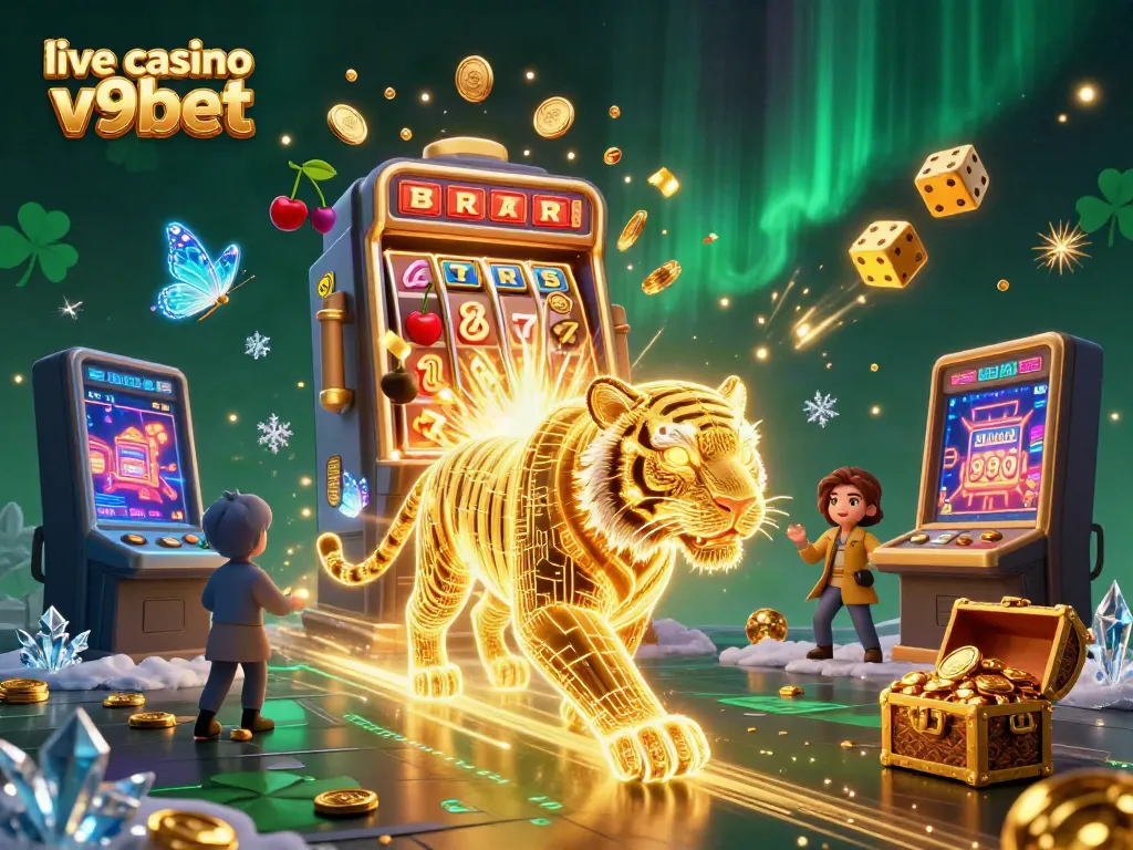 Visit the immersive live casino V9BET featuring vibrant digital landscapes, neon tigers, and jackpot excitement.