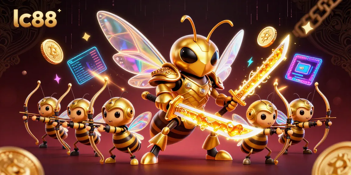 Play exciting games on lc88 with a vibrant 3D scene featuring a golden hornet and crypto elements.