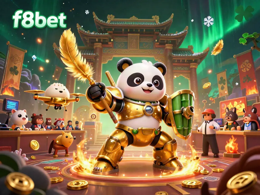 Activate high-stakes thrills at f8bet with a vibrant casino scene featuring a mech-suit panda!