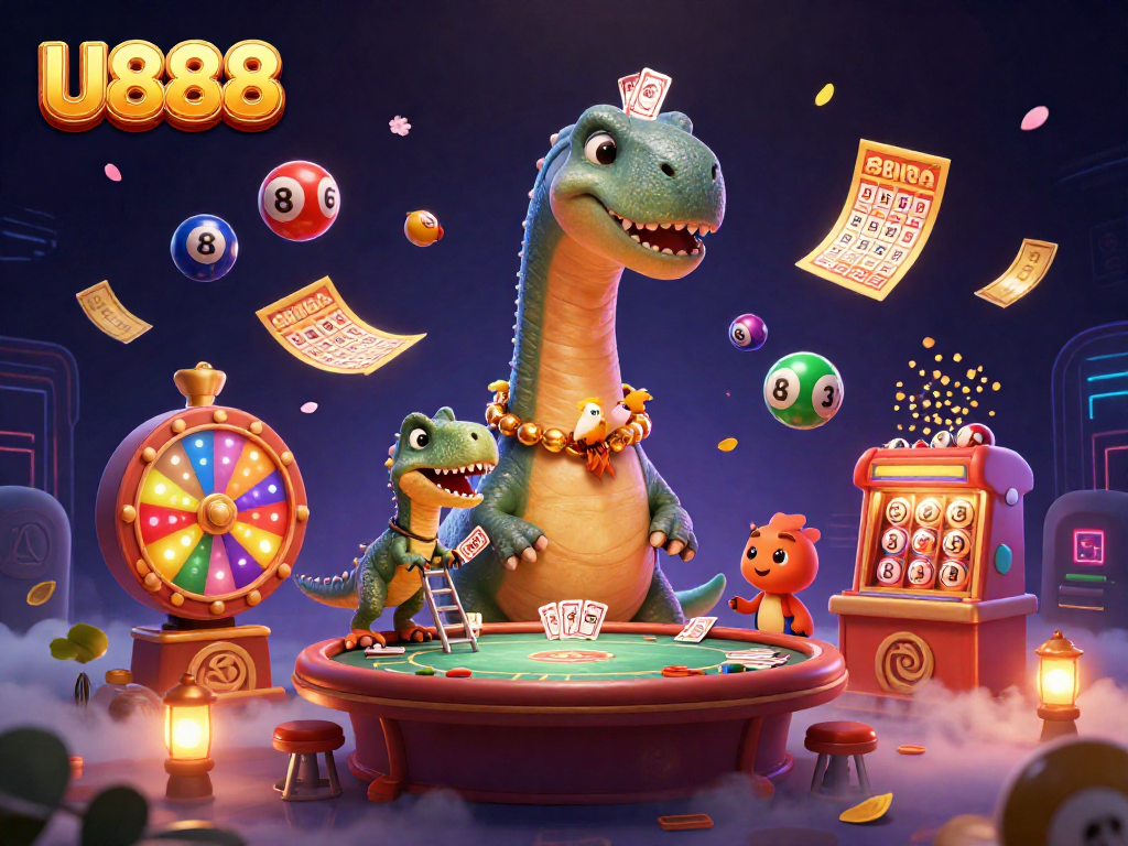 Experience thrilling U888 gaming with a giant brontosaurus and clever raptor in a vibrant casino