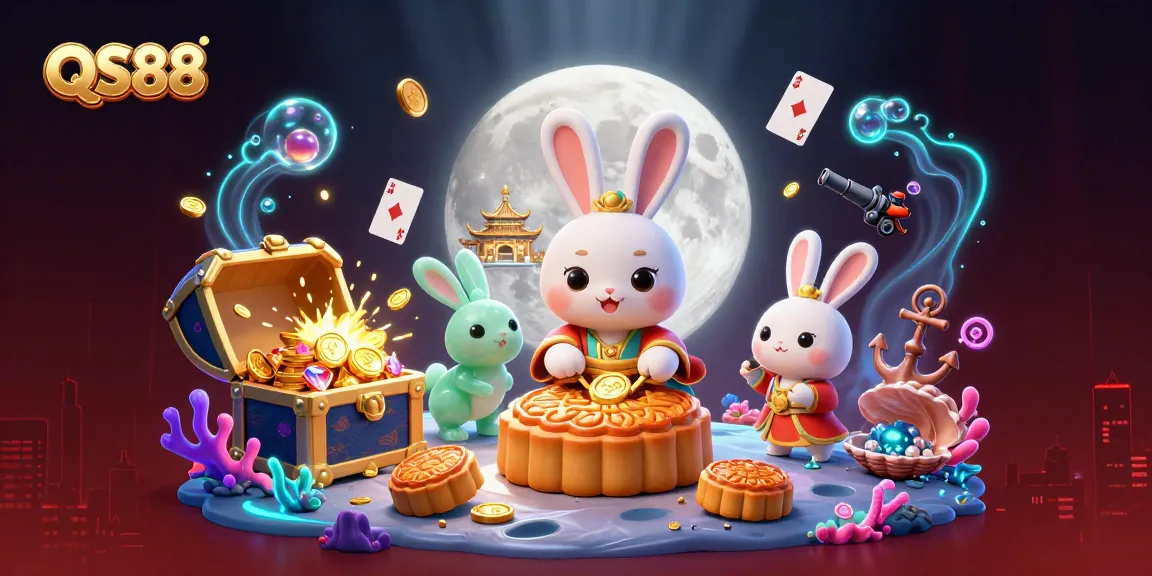 Experience the excitement of QS88 with a vibrant 3D illustration showcasing a moon rabbit and treasures.