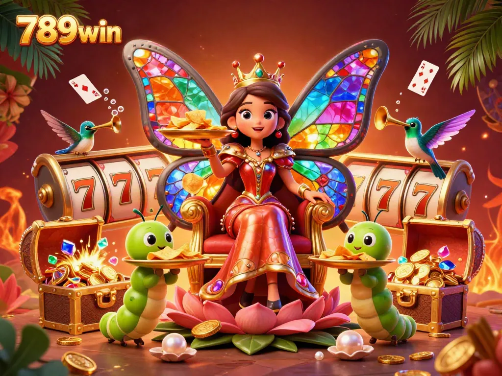 Win big with 789win in a vibrant casino scene featuring a butterfly queen and dynamic game elements.