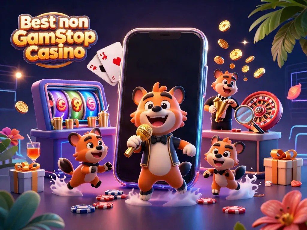Enjoy thrilling moments at the Best non Gamstop Casino with lively hyenas in a colorful casino setting.