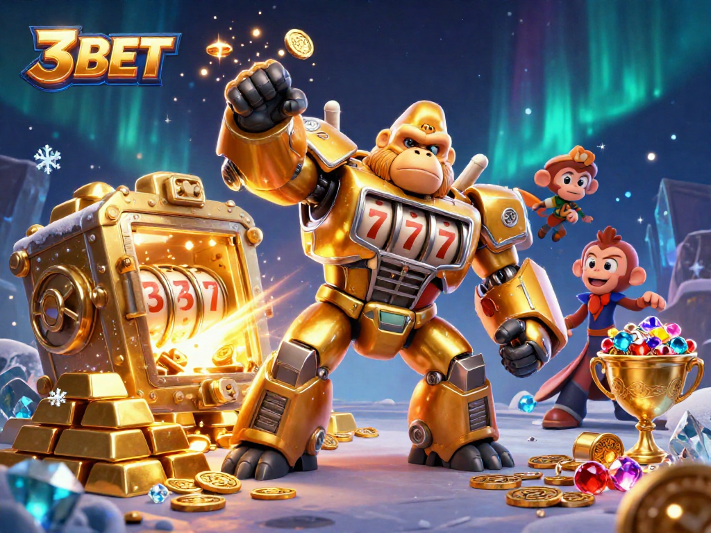 Experience the excitement of 3BET with a golden gorilla mech and dazzling casino treasures.