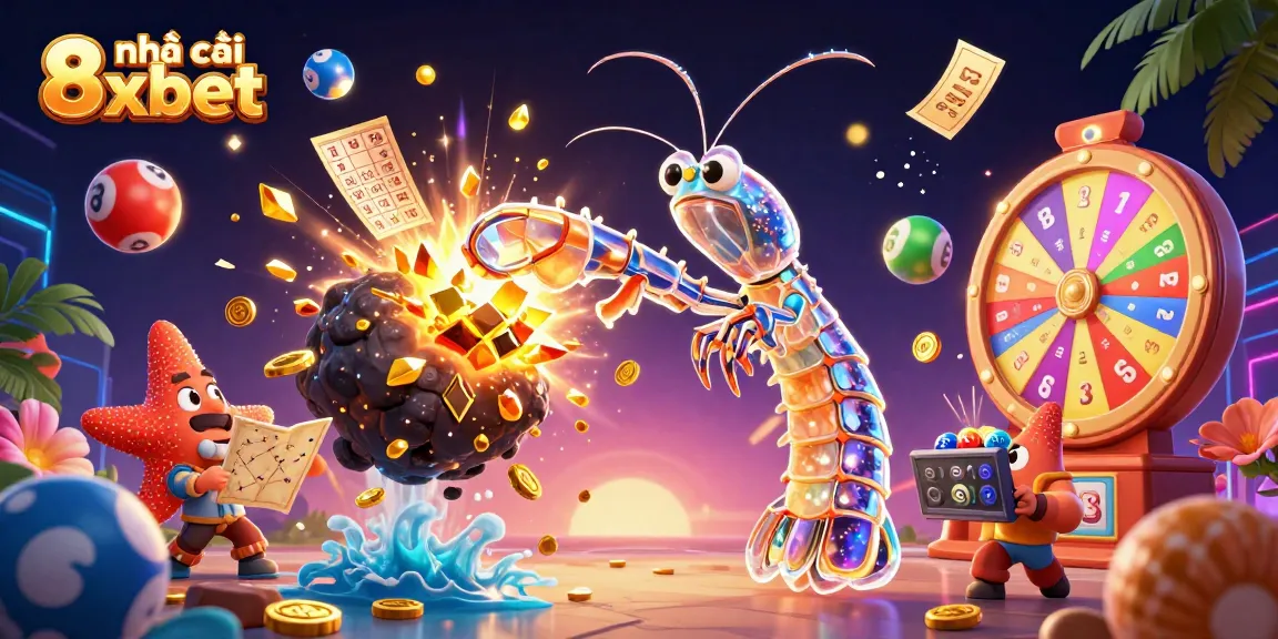 Engage with nhà cái 8xbet in a vibrant casino world filled with golden coins and colorful lottery elements.