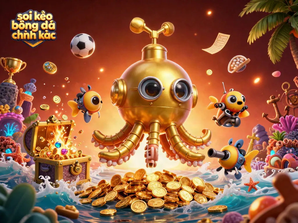Sparking excitement with soi kèo bóng đá chính xác, the golden kraken submarine leads a crew of mechanical fish through a treasure-filled underwater gambling scene.