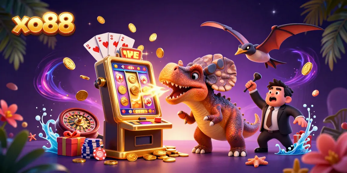xo88 cartoon character jackpot scene with dinosaur, slot machine, and flying coins