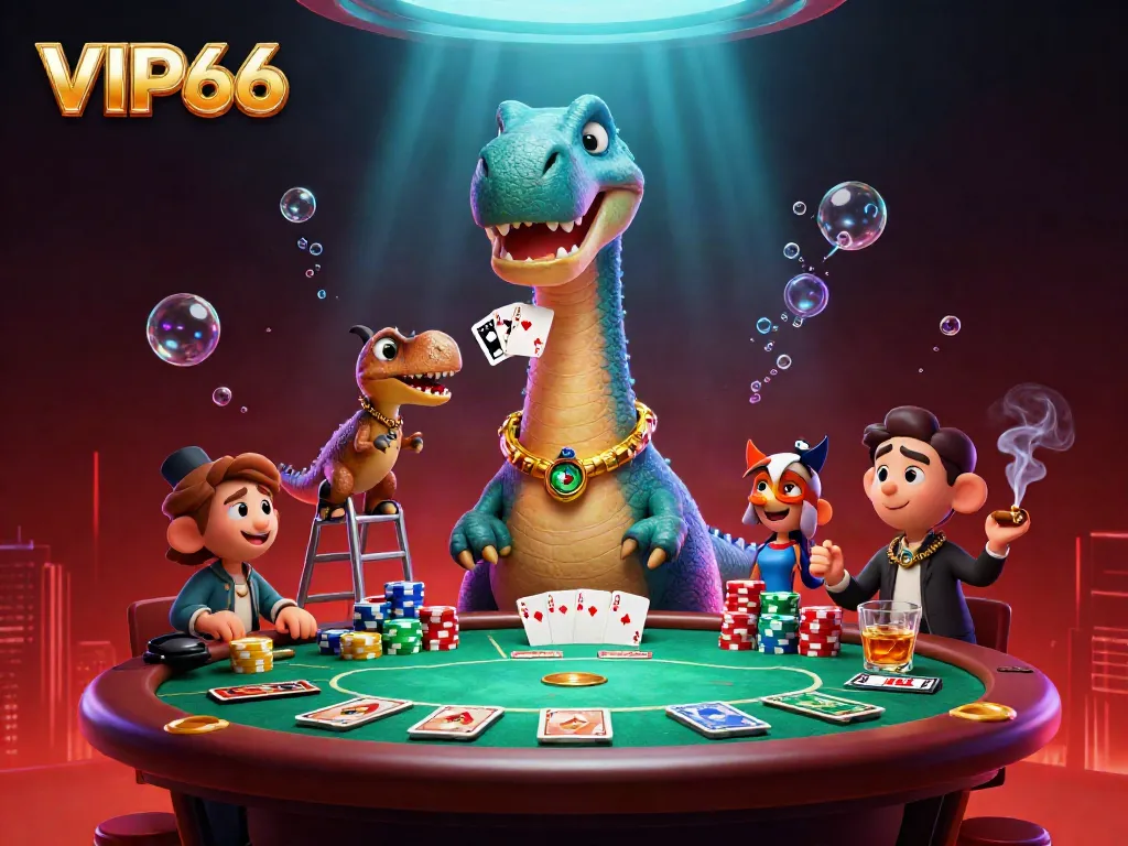 VIP66 brings excitement as a giant brontosaurus overlooks a vibrant poker game.