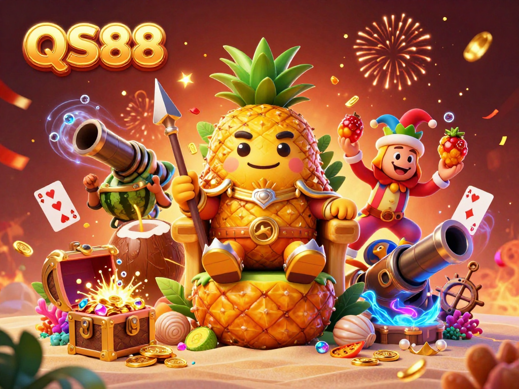 Experience the action of QS88 with a vibrant 3D illustration featuring a golden pineapple king and gaming elements.