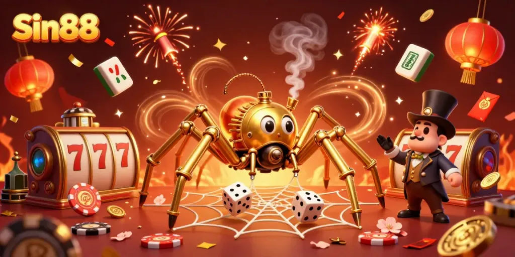 Engage with Sin88's unique slot experience amidst vibrant 3D casino elements and characters entwined in steampunk charm.