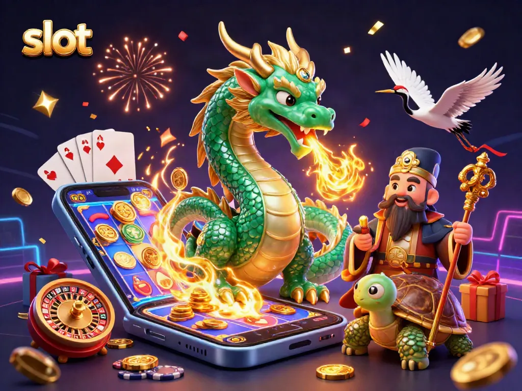 Spin the slot reels with a vibrant scene featuring lucky characters and casino elements.