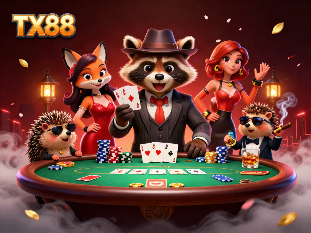TX88 poker night illustration depicting a raccoon with a royal flush, a stylish fox, and a hedgehog bouncer.