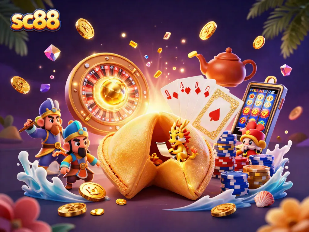 Engage with the exciting sc88 casino world featuring a golden fortune cookie, wise dragon, and vibrant game elements.
