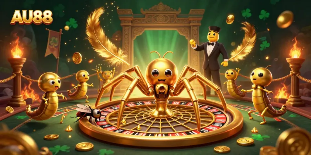 Experience exhilarating betting at AU88 with a vibrant scene featuring a spider croupier and dynamic elements.