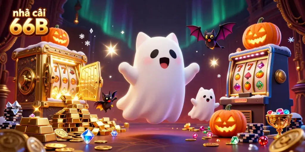 Experience the thrill of nha cai 66B with a ghost cat and vampire bat in a haunted casino.