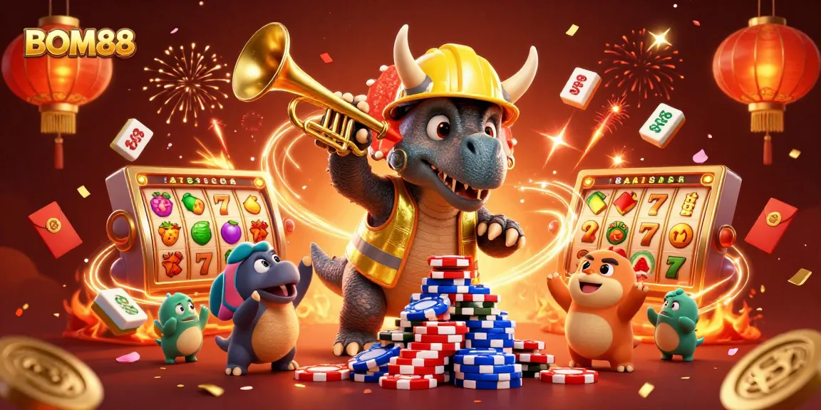 BOM88 slots come alive with a triceratops building poker chips as friends celebrate in a vibrant 3D scene.
