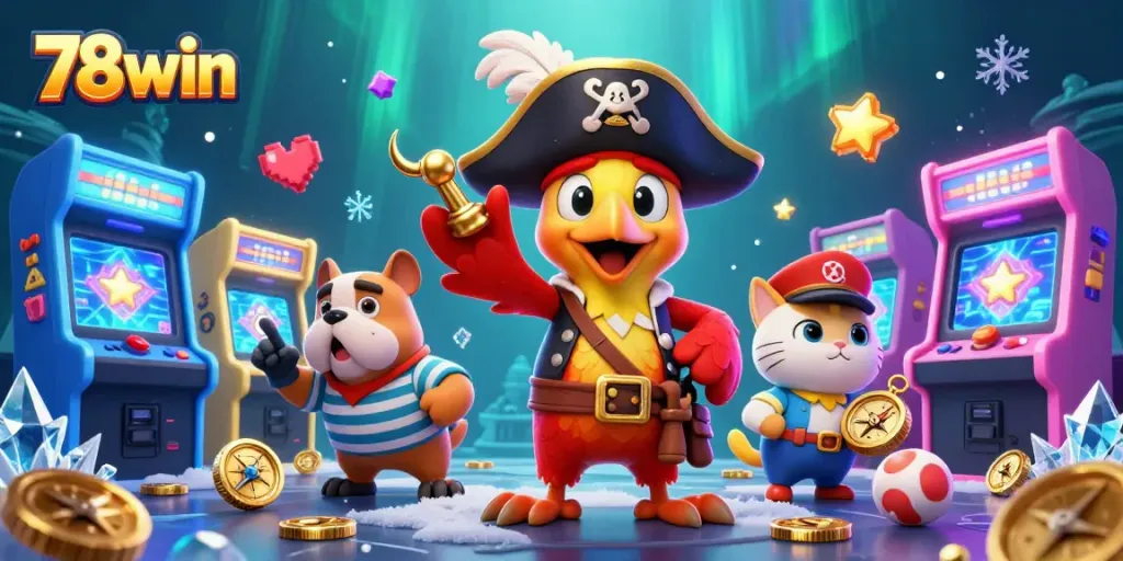 Engage with 78win's vibrant casino-themed scene featuring pirates and arcade gaming elements.