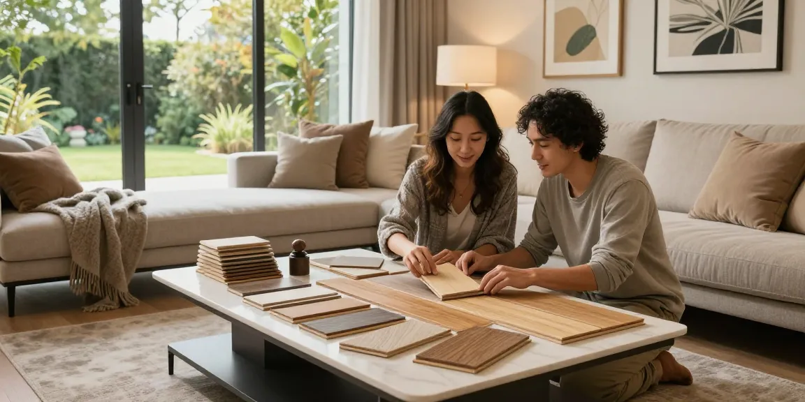 Couple exploring options to discover better flooring choices in luxury home.