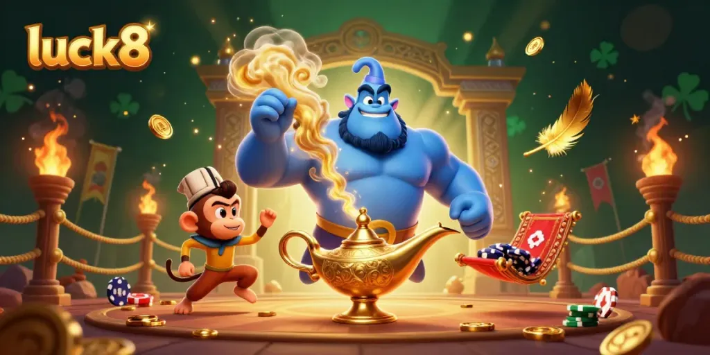 Experience thrilling gameplay with luck8 as a genie, a monkey, and poker chips animate in this 3D casino scene.