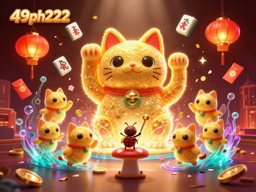 Engage with 49ph222's vibrant illustration of a lucky cat formed by golden fireflies amidst festive casino symbols.