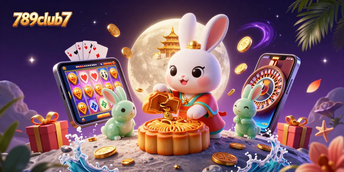 Experience exciting gaming at 789club7 with vibrant casino elements and a whimsical lunar setting.
