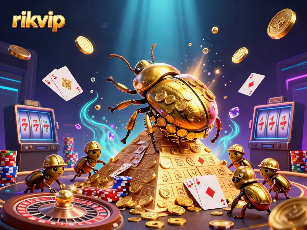 Experience excitement with rikvip as golden coins cascade and beetles help roll jackpots in a vibrant casino scene.