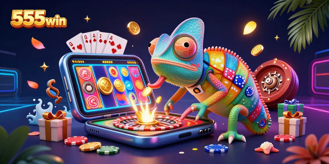 Experience the excitement of 555win with a colorful casino scene featuring a chameleon owner and dynamic games.