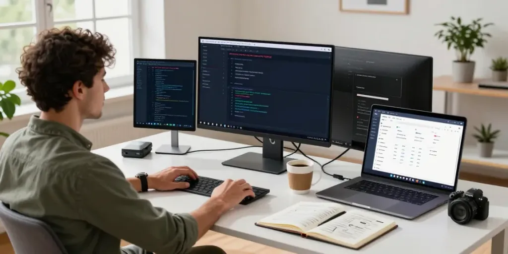 Developer utilizing instant indexing tools in a modern workspace with multiple monitors.