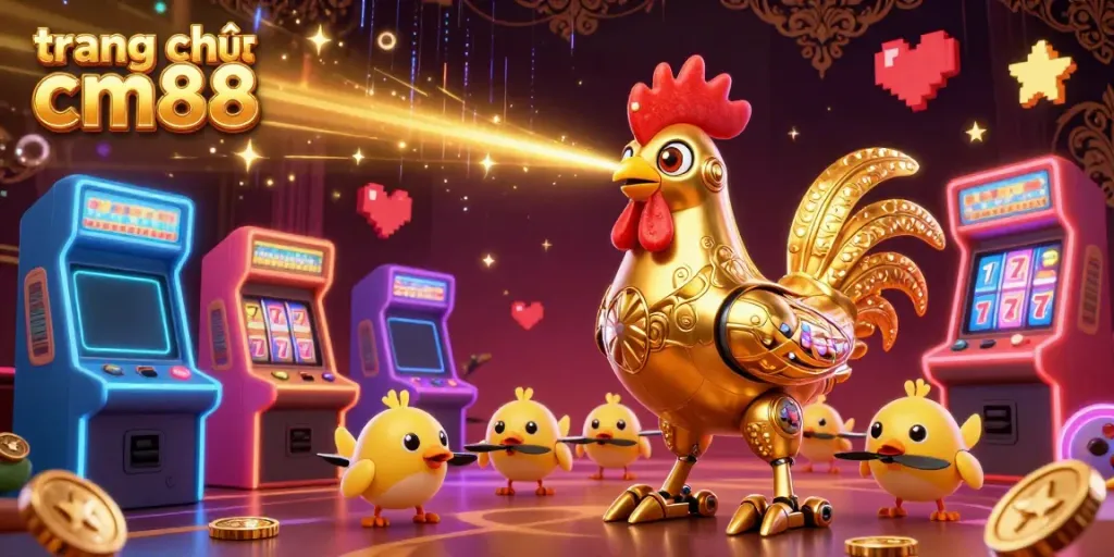 Experience the vibrant energy of trang chủ cm88 in this colorful digital casino illustration, showcasing game elements and characters.