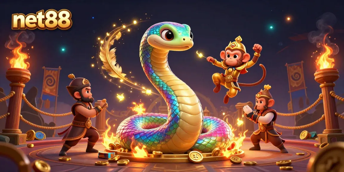 Engage with net88's thrilling gaming arena, featuring a vibrant serpent and golden monkey king.