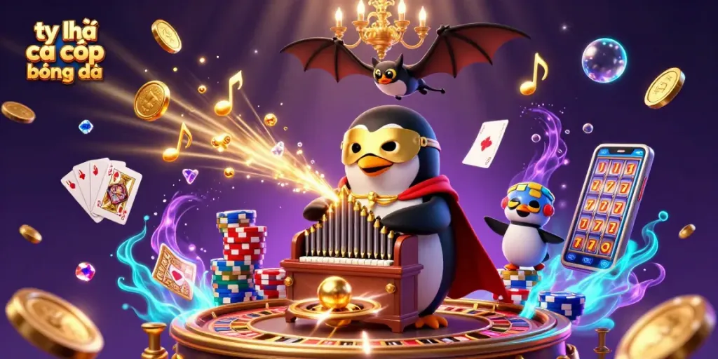 Engage in tỷ lệ cá cược bóng đá with an exciting scene featuring a penguin organist and casino elements.