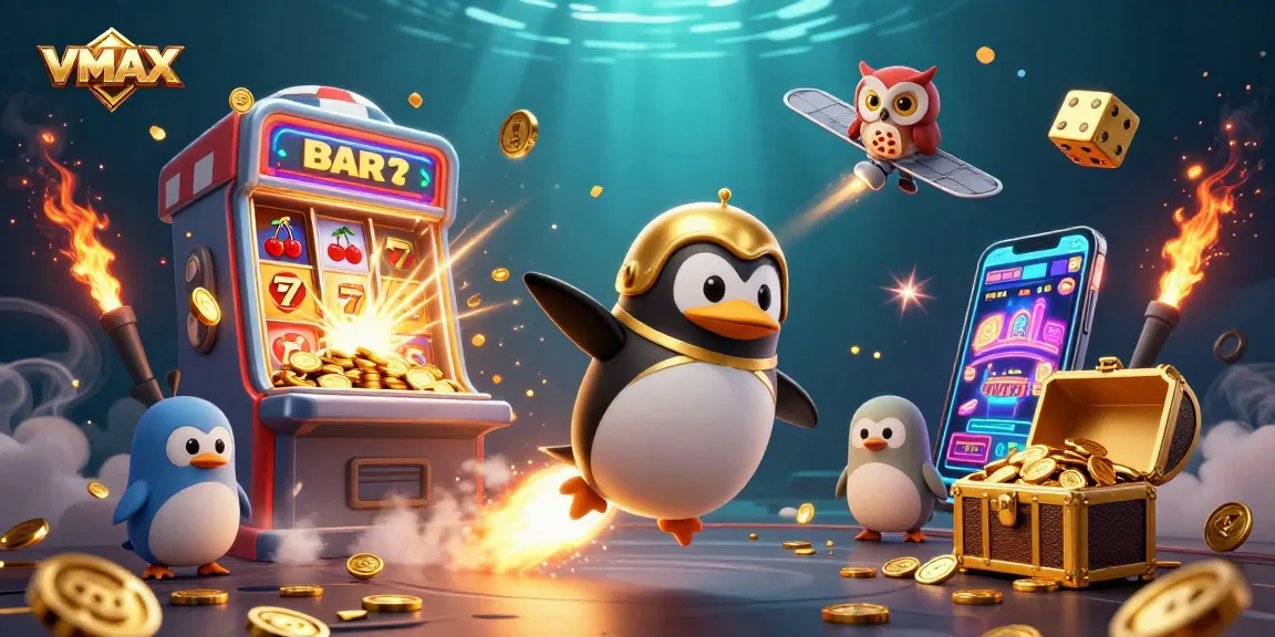 Experience VMAX with thrilling casino adventures featuring a golden penguin, jackpot slots, and vibrant gaming elements.