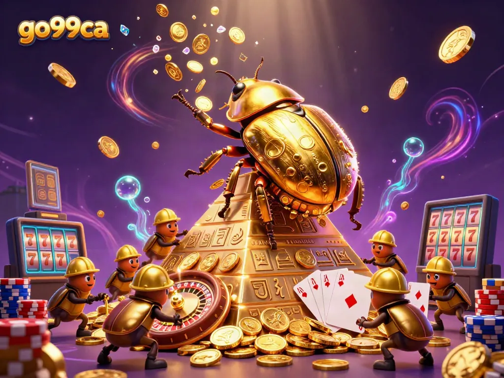 Go99ca showcases a golden beetle team rolling winning jackpot coins amid casino elements.