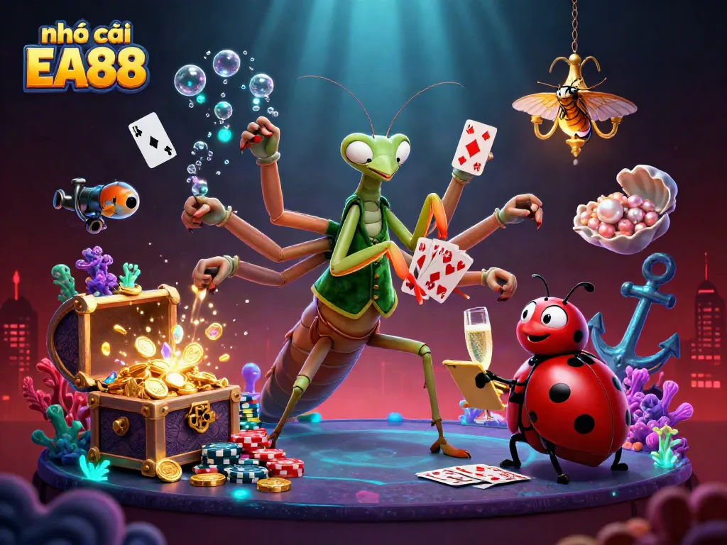 Experience thrilling action at nhà cái EA88 with a giant mantis dealer and immersive casino elements.