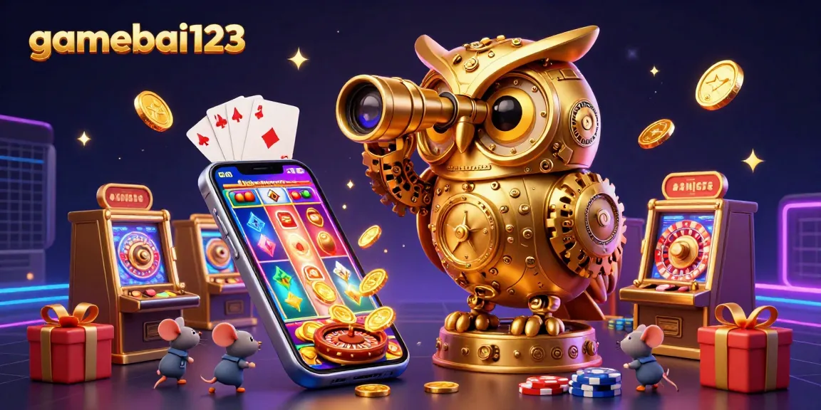 Win big with gamebai123's exciting 3D casino illustration showcasing vibrant games and golden coins.