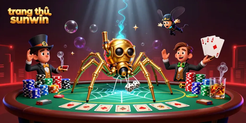 Experience the thrilling adventures at trang chủ sunwin, featuring an intricate steampunk spider and poker elements.
