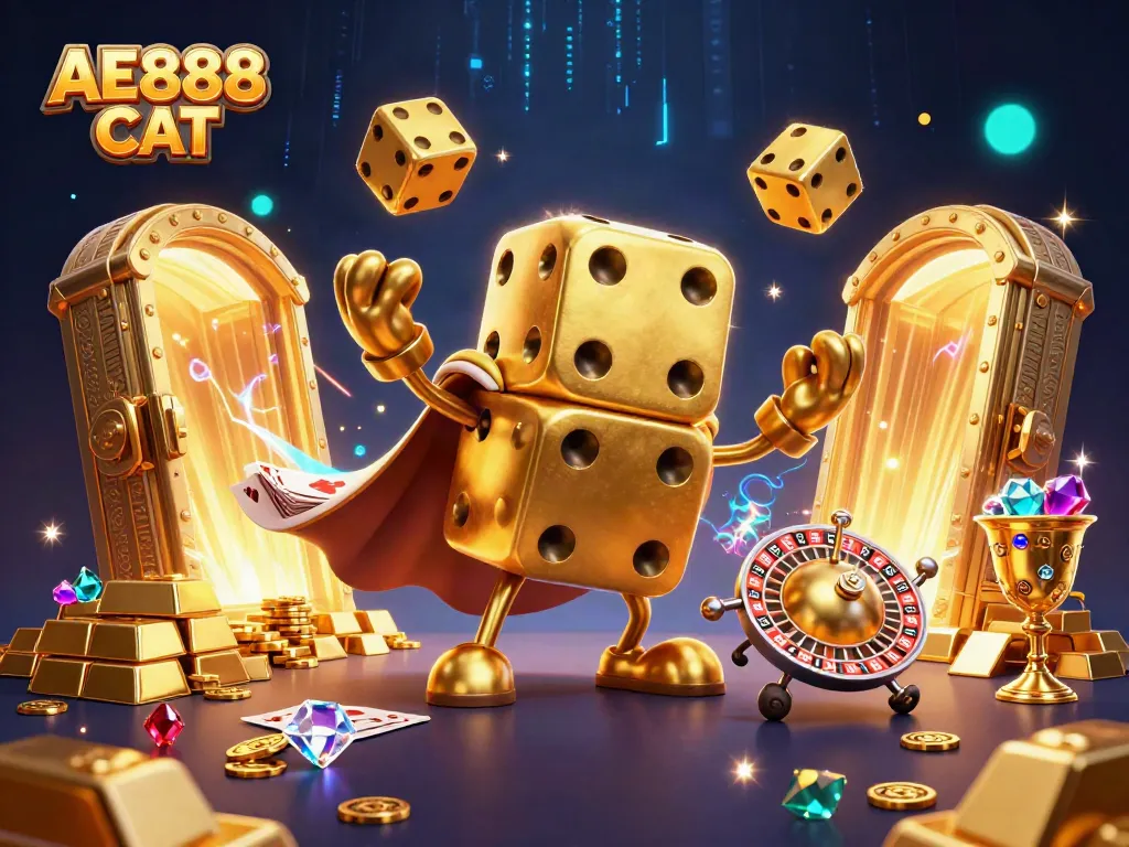 Engage with the thrill of the AE888 CAT casino excitement featuring golden dice and lavish treasures.