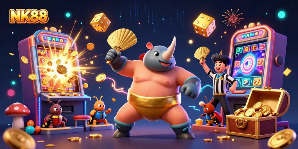 Experience NK88's dynamic gaming scene with a 3D beetle champion stomping coins amidst a vibrant casino atmosphere.